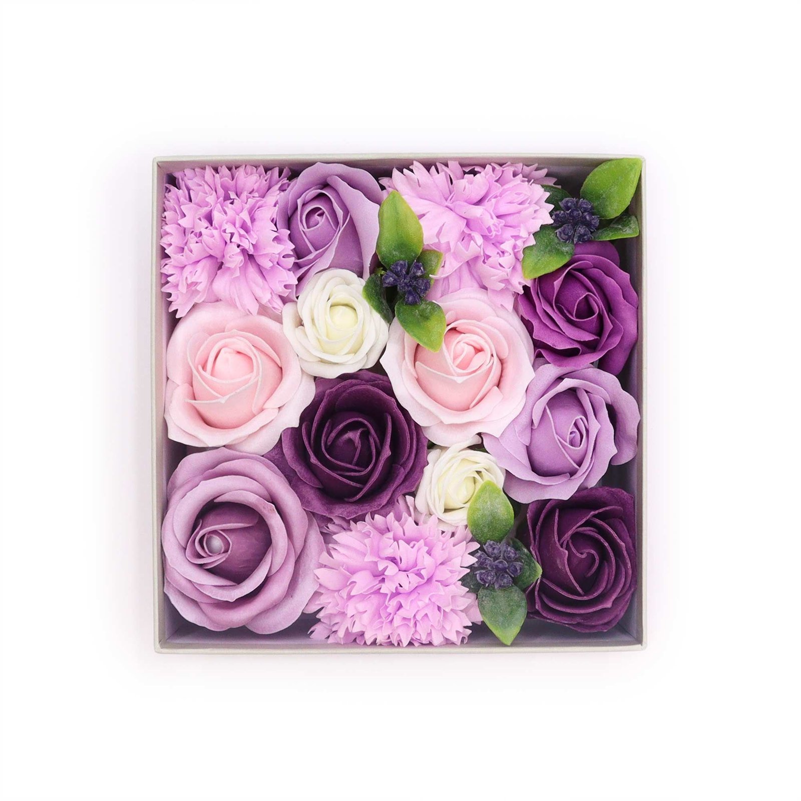 Muilo gėlių dovanų dėžutė „Lavender Rose & Carnation“ – kvapni švelnumo akimirka