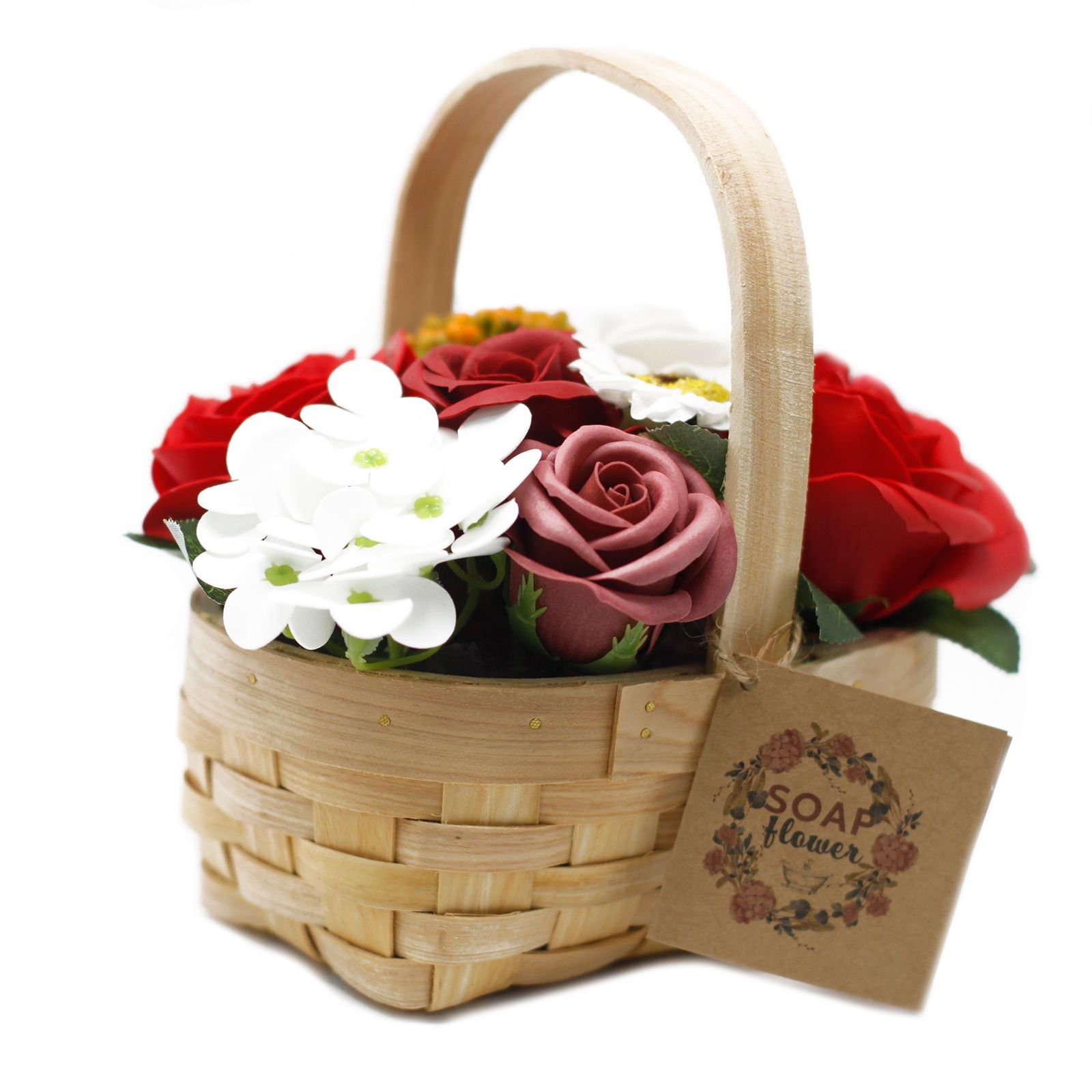 Muilo gėlių puokštė „Medium Red Bouquet in Wicker Basket“ – raudonos romantikos krepšelyje
