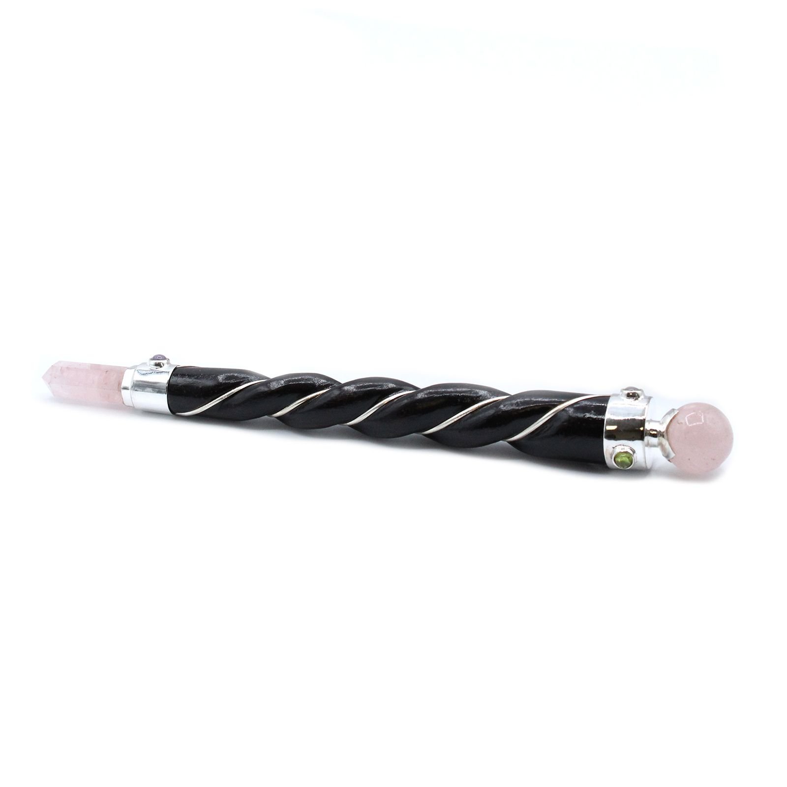 Gydomoji lazdelė „Twisted Healing Wand“ – sidabruota rožinio kvarco sfera ritualo akimirkai