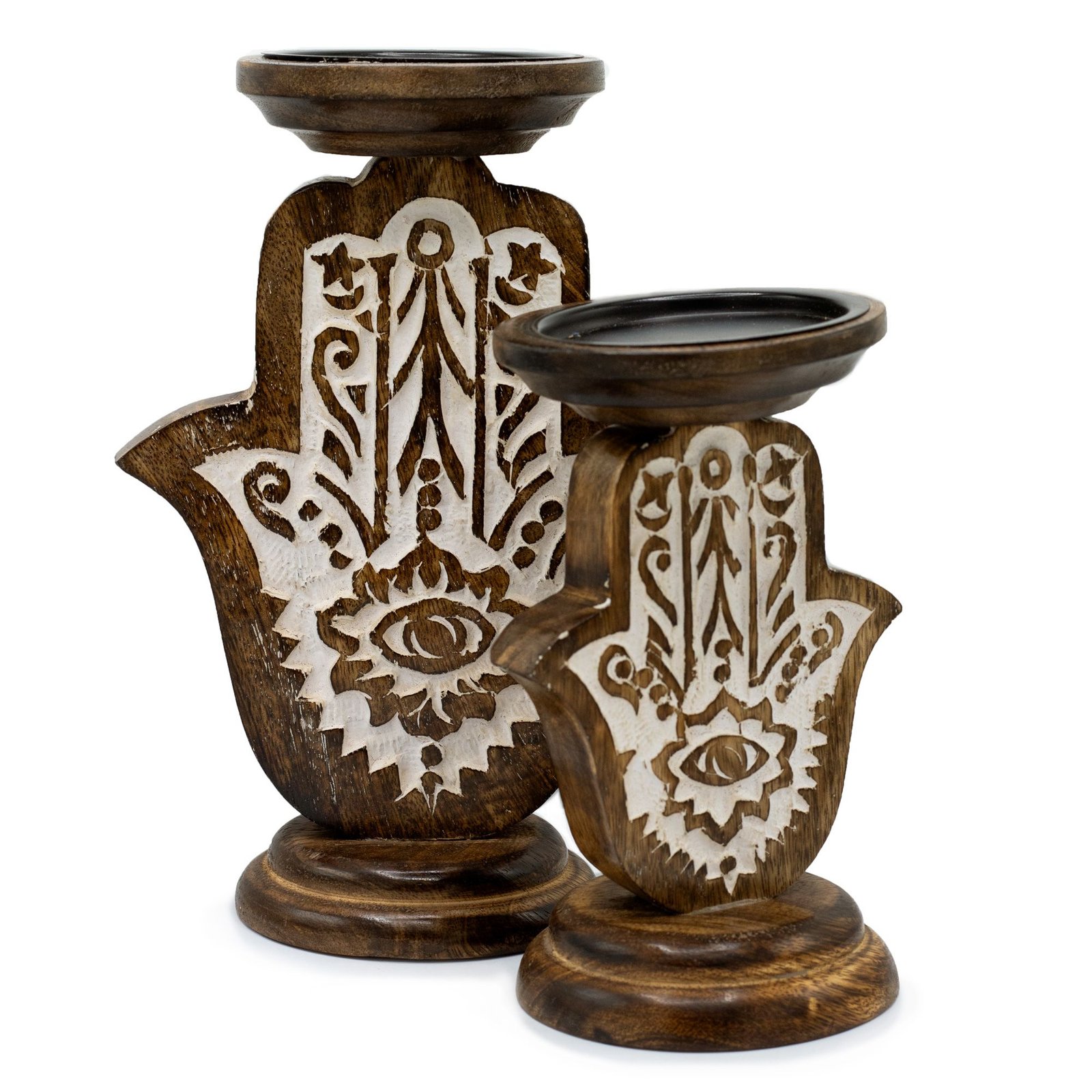 Alternative view of Medinė žvakidė „Hamsa“ iš mango medienos – jaukus 18 × 11 cm namų talismanas