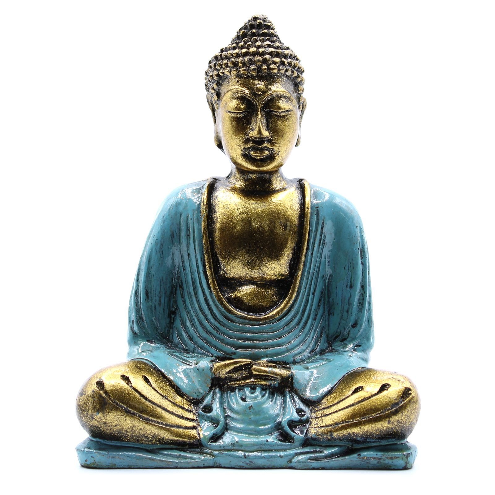 Rankomis dažyta Budos figūrėlė „Teal & Gold Buddha“ – vidutinio dydžio ramybės akcentas