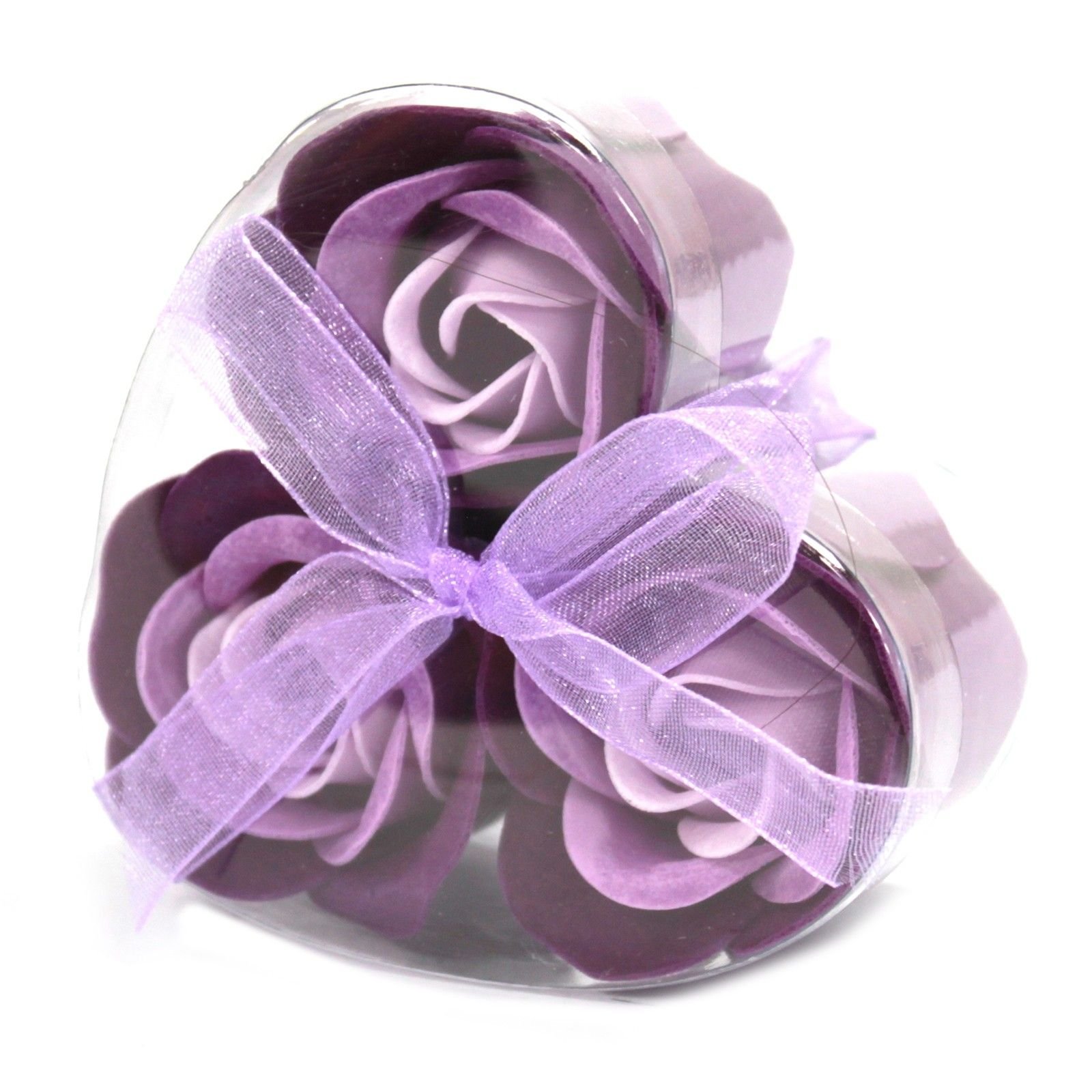 Muilo gėlių širdelės dėžutė „Lavender Roses“ – 3 žiedų violetinės ramybės dovana